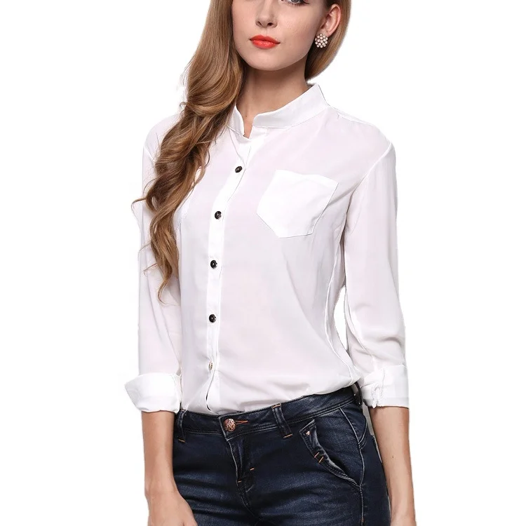 

MANNI Women Long sleeve White Chiffon Shirt Office Lady Wear Stand Neck Casual Blouse