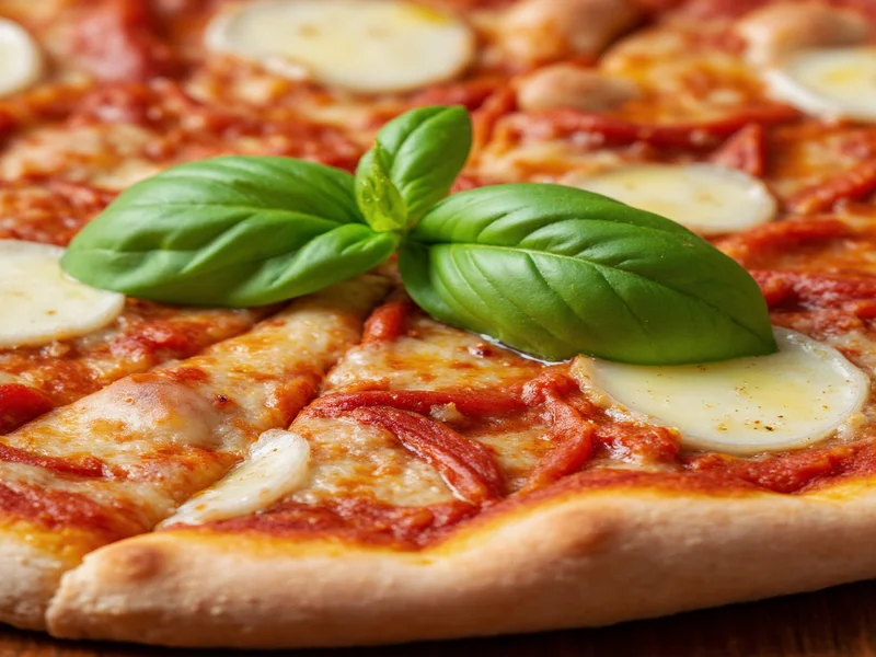 Perfectly topped pizza with fresh basil and olive oil