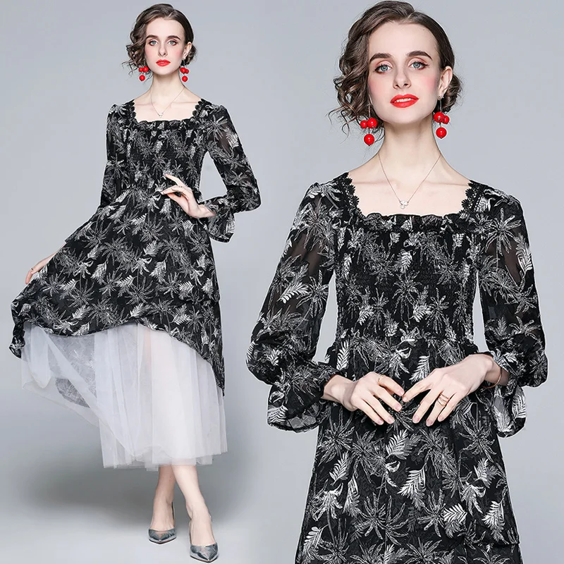 

Real shot spot women's retro dignified temperament slim dress black High-end design flocking flower ladys dress