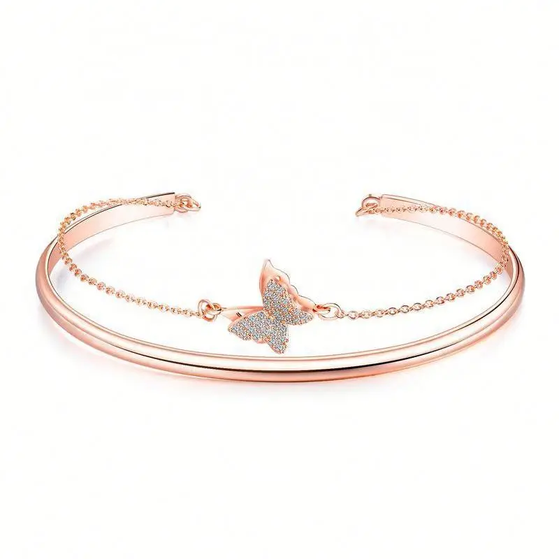 

Fashion Butterfly Women's Bracelet Temperament Double Diamond Bracelet, Rose gold