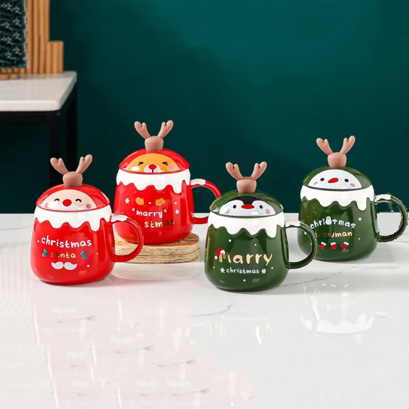 

430ml Creative Ceramic Coffee Mug 3D Antler Spoon Lid 2022 Christmas Gift New Year Decoration Embossed Water Cup M