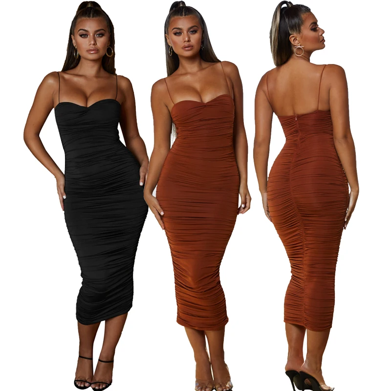 

Wholesale Clothing Double Layers Seamless 2020 New Women Elegant Ruched Maxi Casual Sexy Party Bodycon Club Long Dresses, Brown black