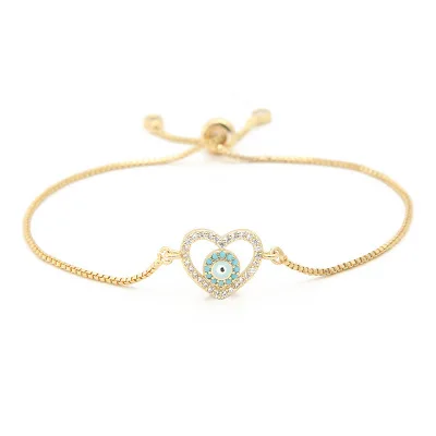 

European Fashion Adjustable Hollow Heart Charm Bracelet Gold Plated Cubic Zirconia Evil Eyes Bracelet For Women