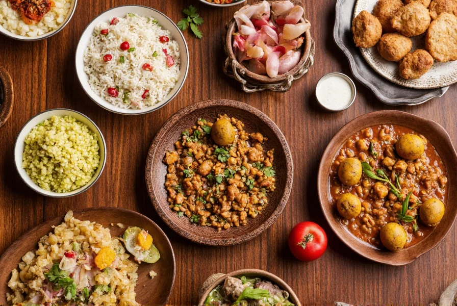 Traditional dishes featuring cumin from different global cuisines arranged on wooden table
