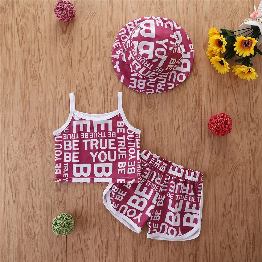 

Kids Designer Clothes Summer Letter Print Casual Lil Girl Sets Halter Tops Shorts Hat Three Pieces Sweatsuit Baby Girl Outfits