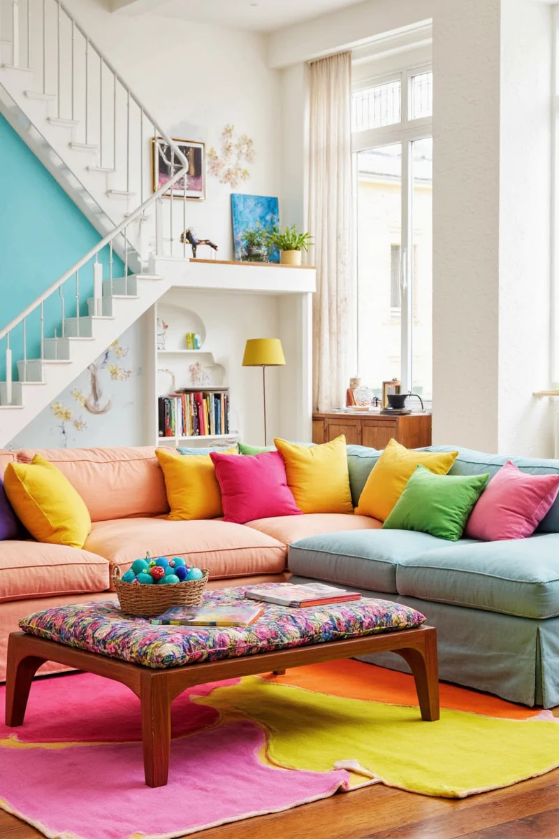 Modern living room with nature-inspired wall color and natural textures