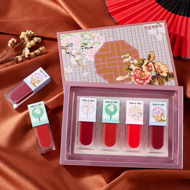 

Chinese Style 4 Colors Forbidden City Lip Gloss Set Gift Box Matte Velvet Non-Fading Lipgloss Waterproof Long Lasting Lip Makeup
