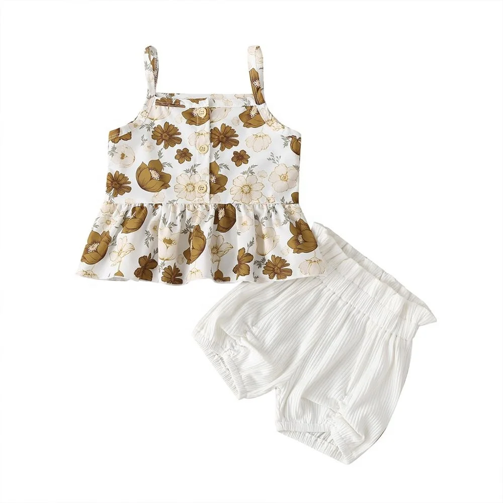 

High Quality Tropical Design Sleeveless Shirt Matching Solid Color Pants Children Girl Clothes Set