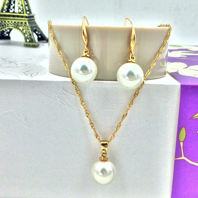 

Custom Gold Palted Pure Yellow Gold Girl Necklace And Earring Set Pearl Pendants For Jewelry Necklace Women, As the picture show