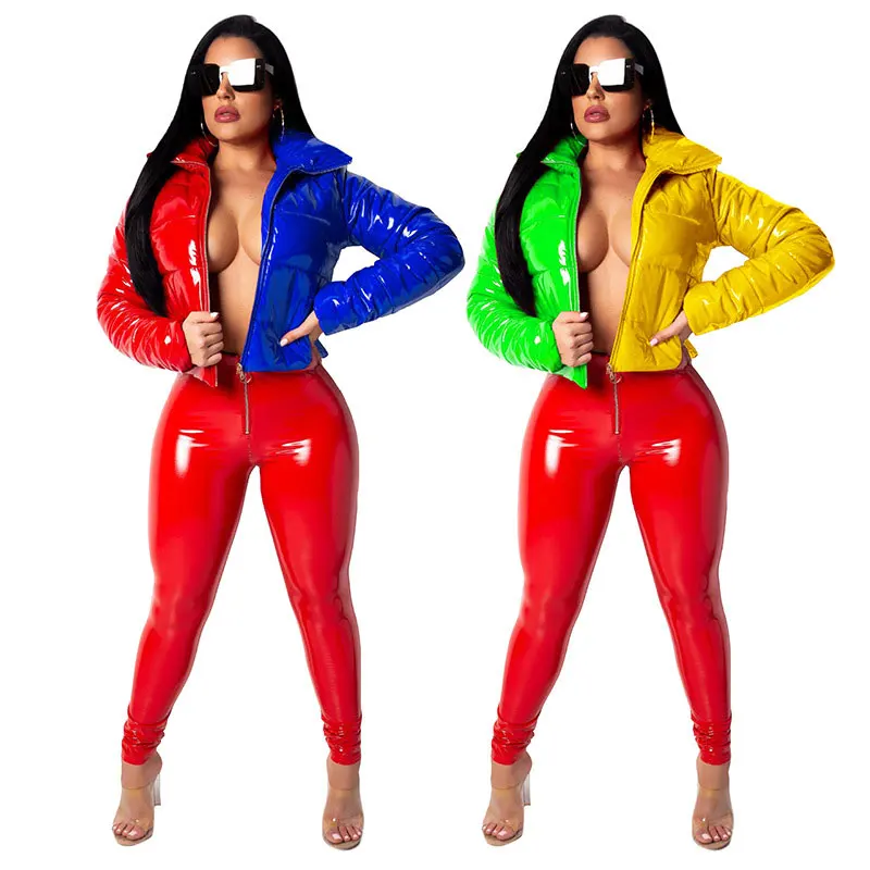 

21009-MX30 hottest contrast color PU glossy bread jacket coats women sehe fashion