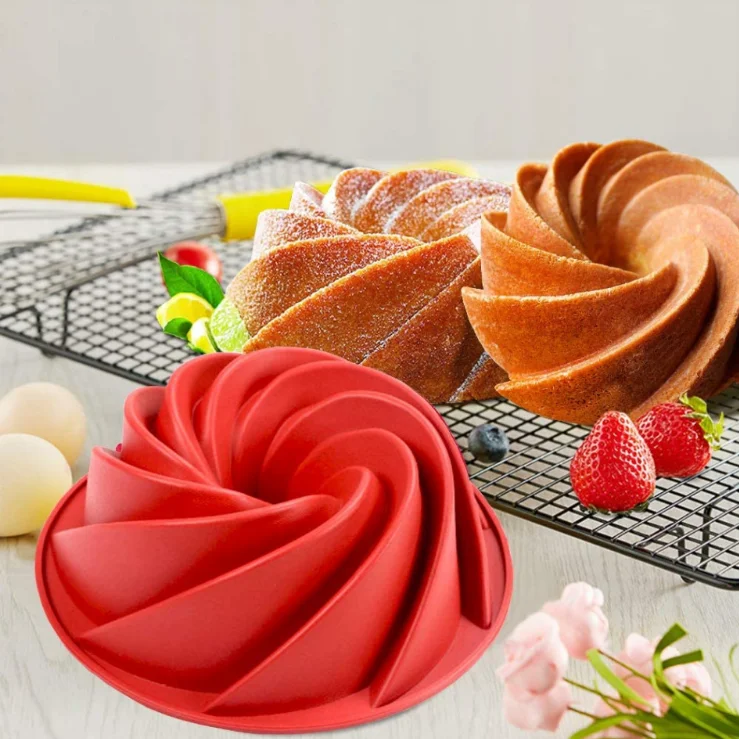 

Non-Stick 9 Inch Bakeware Flower Fluted Spiral Shape Silicone Bundt Chiffon Cake Mold Pan, Red, customized