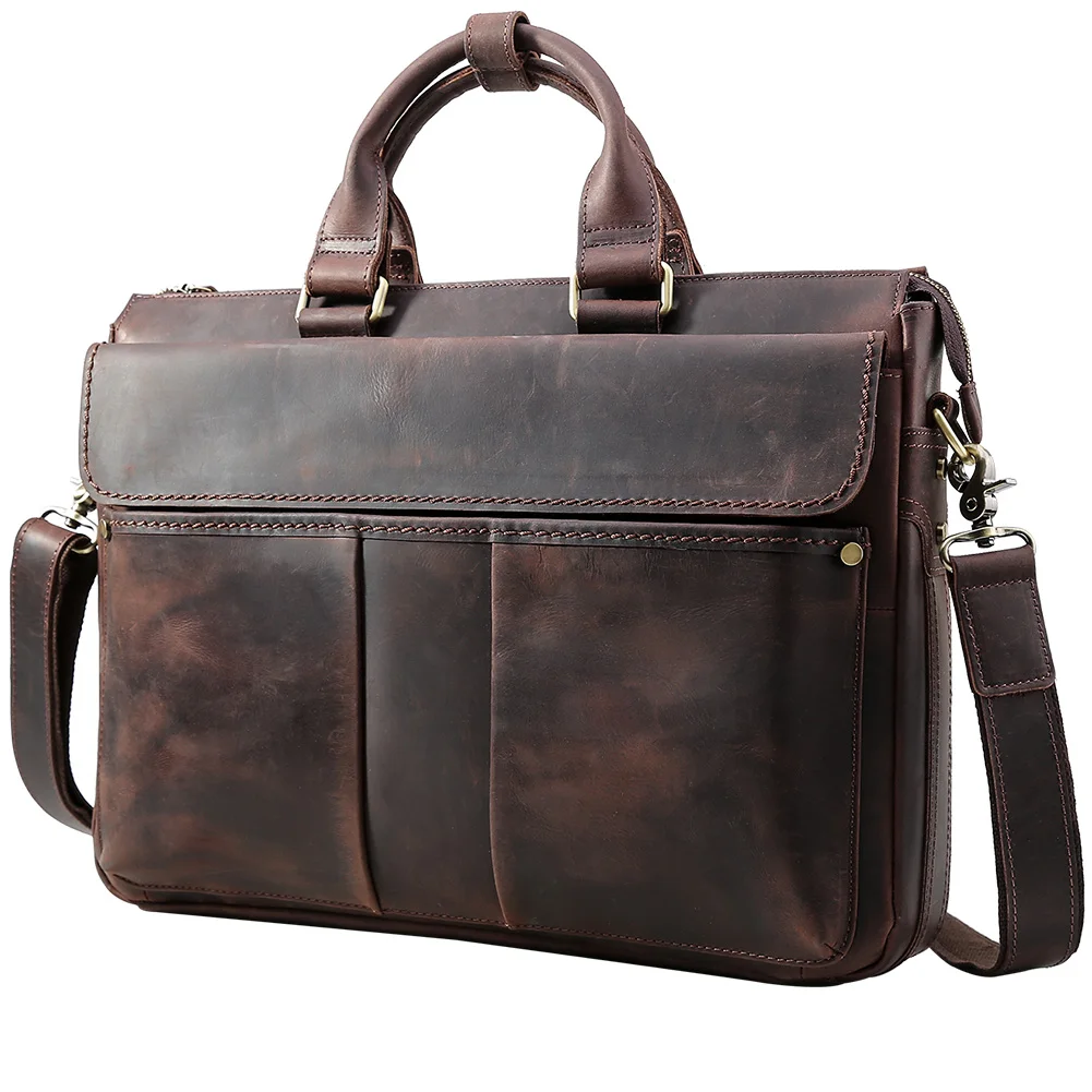 

TIDING Brand Custom Design Vintage Brown Real Crazy Horse Leather Messenger 15.6 inch Laptop Briefcase Bag For Man