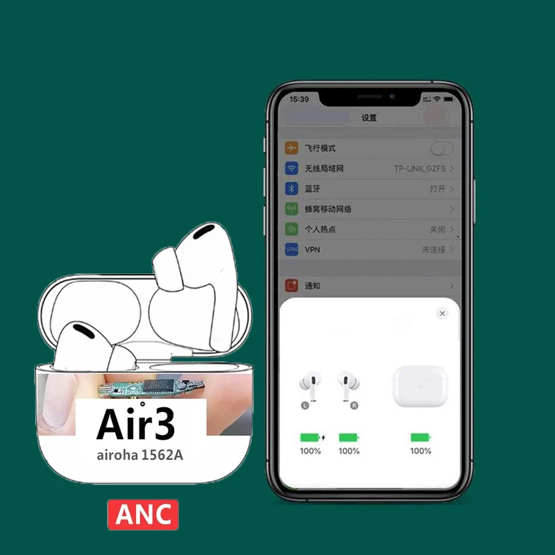 

Original 1:1 Airoha1562a 3rd Third-Generation Air Pro 3 Wireless Headset Tws Earbuds GPS Rename Strong Bass Air 2 Air 3 Pro ANC, White