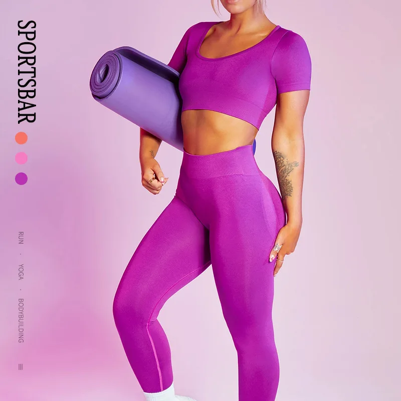 

hip lift scrunch butt seamless Leggings and short sleeve shirts ladies active wear sets fitness yoga set women, As shown or customized