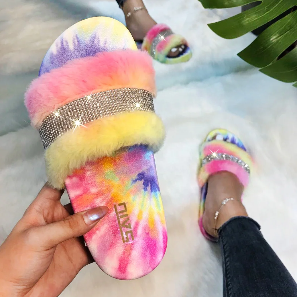 

FANTASY WOMEN SHINING DIAMONDS SOFT FUR SANDALS FASHION LADY WINTER OUTDOOR SLIDES