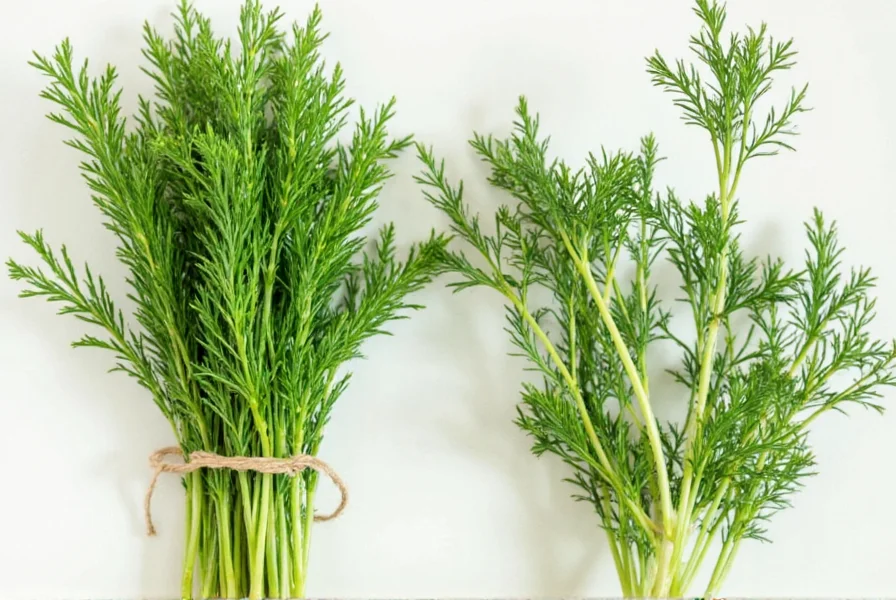 Fresh dill and tarragon leaves laid out on a wooden surface
