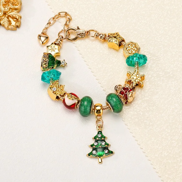 

Girls Cute Green Crystal Bead Christmas Trees Charm Bracelet Pave Rhinestone Crystal Snowflake Santa Charm Bracelet, Picture color