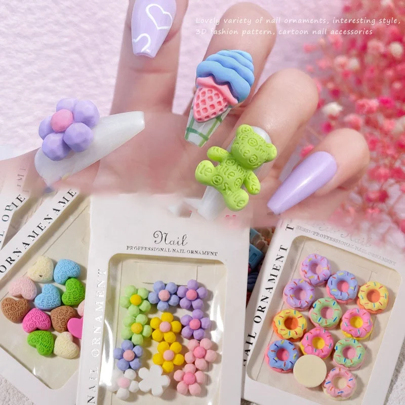 

Paso Sico Mixed 12 pcs/bag Summer Cartoon Design Resin Ice Cream Bear Flowers Kawaii Nail Art Charms Popular Set