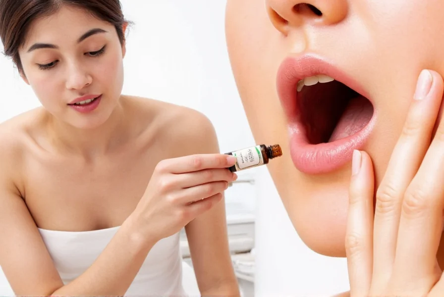 Step-by-step visual guide showing proper dilution and application of clove oil for toothache relief
