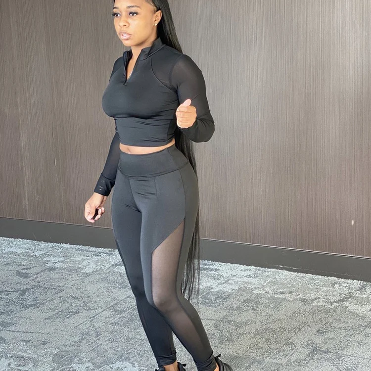 

Gauze Patchwork High Waist Yoga Outfit 2 Piece Top Pants Sweatsuit Women -PT, Black,blue,purplish red