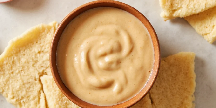 Tahini sauce in a bowl with pita bread and veggies