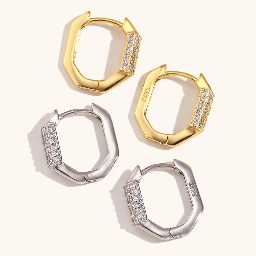 

Ding Ran 925 Sterling Silver Women Jewelry Octagon Zircon Hoop Earrings 18K Gold Jewelry