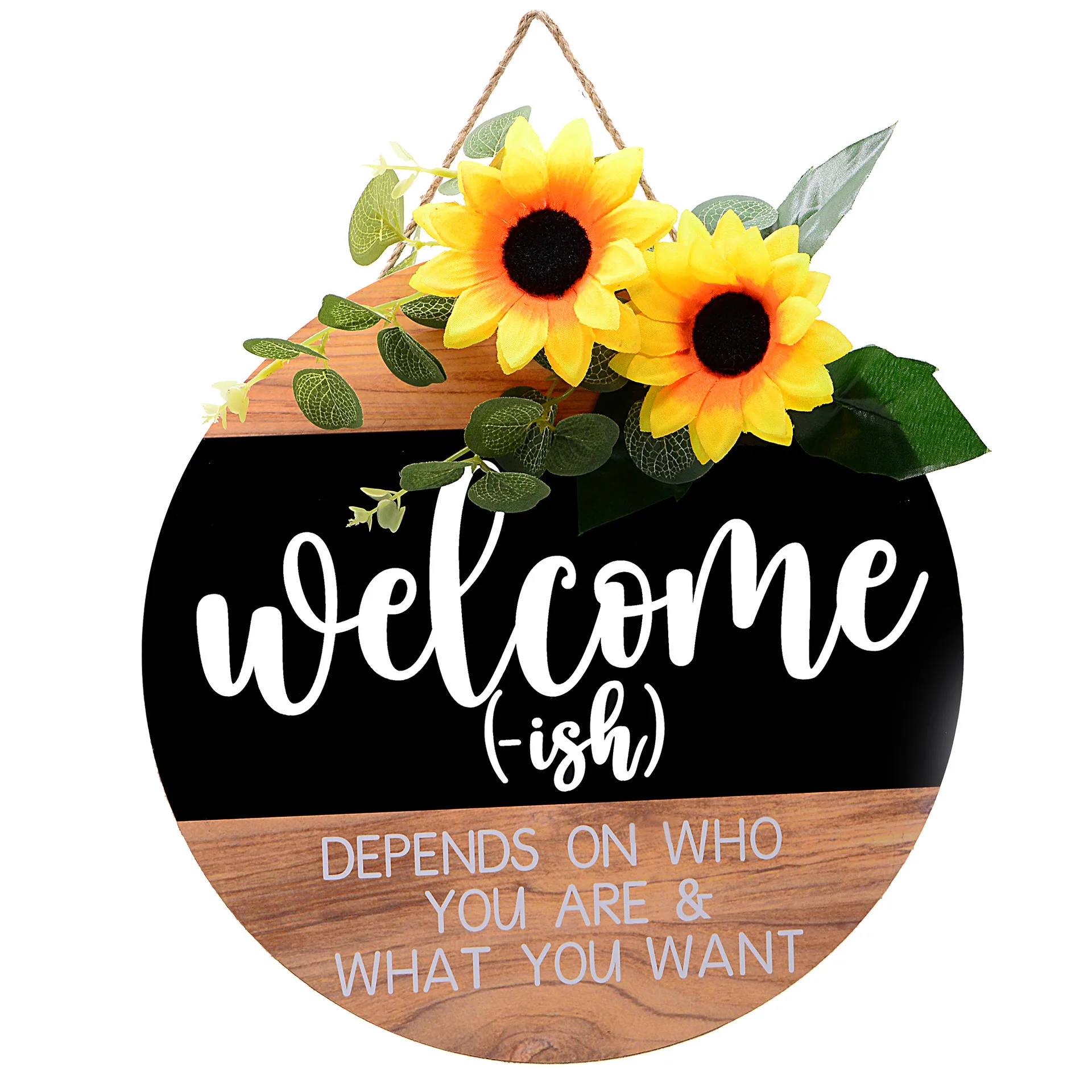 

Wooden welcome door sign round with flower door decoration home