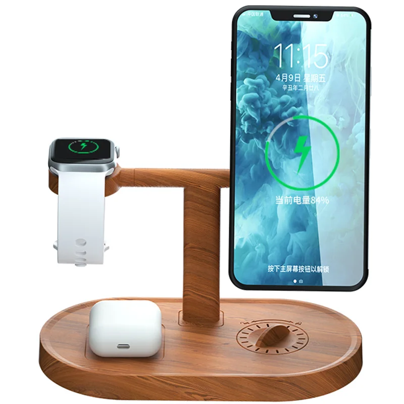 

3 In 1 Wooden Design Universal Qi 15W Wireless Charger Desk Station Multi Stand for Smart Watch Earphone Mobile Phone