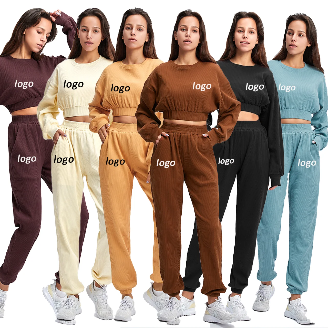 

2021 New Fashion Custom Joggers Fitness Long Sleeve Crop Top Yoga Wear Sweaters Sportswear Fall Clothing For Women Two Piece Set, Black,purple, brown, yellow, beige, cyan