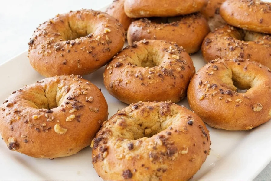 Professional food photography of freshly baked cinnamon raisin bagels with visible cinnamon swirls and plump raisins, golden brown crust, steam rising, on wooden cutting board