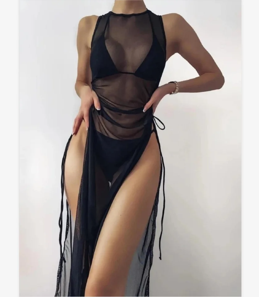 

Hot Selling Swimwear Cover Up Women 3 Piece Bikini Set With Sexy Bathing Suit Sheer Mesh Cover Up, Picture