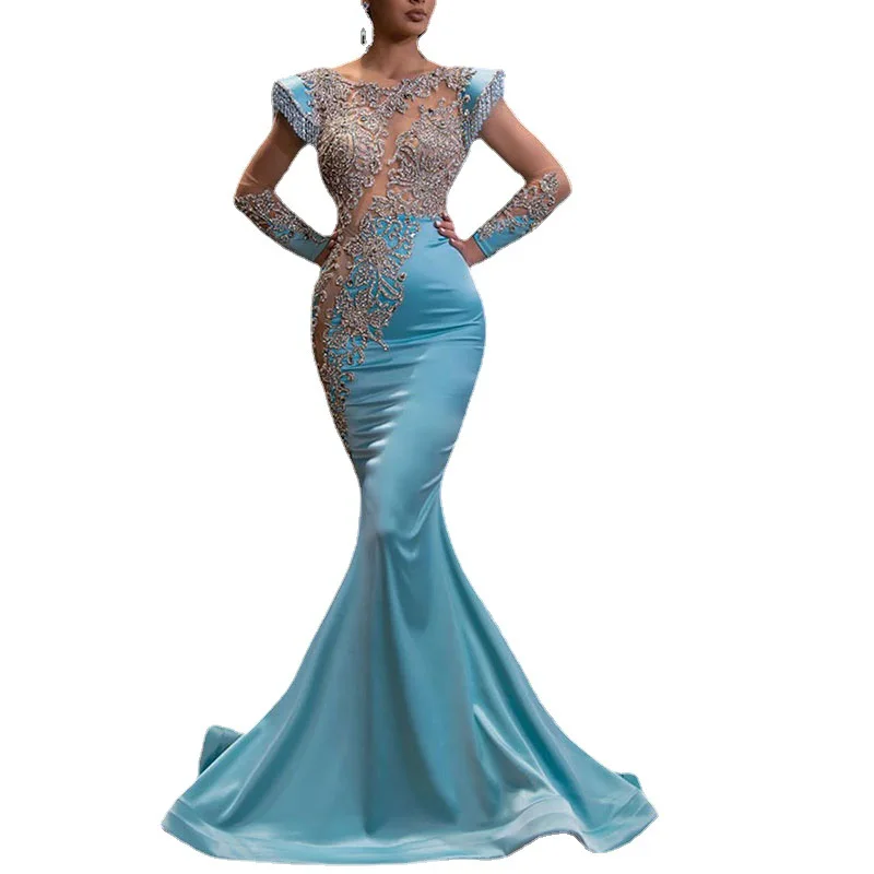 

Light Blue Fishtail Party Long Annual Vestido Bridesmaid Dresses Hollow Out Sequined Diamond Evening Wedding Dresses, Customized colors accept