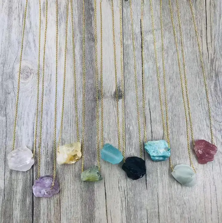 

Amazon Hot Sale 18K Gold Plated Irregular Quartz Pendant Necklace Healing Multi Color Crystal Stainless Steel Necklace For Women