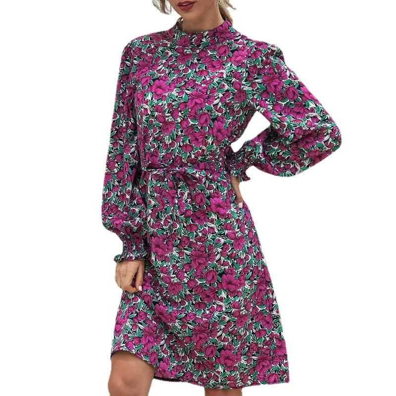 

Casual Elegant Dress Fashion Print Stand Collar Lantern Sleeve Party Dress Autumn Chic Loose Women Clothing Vintage Floral Dress, Yellow, red, purple