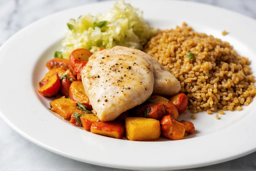 Lemon pepper chicken breast served with roasted vegetables and quinoa on a white plate