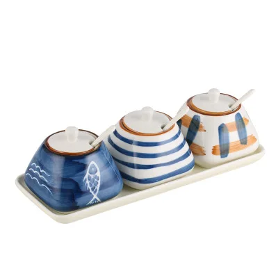 

Japanese-style household ceramic Spice jar with lid and spoon, Picture color