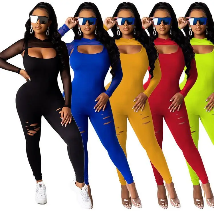 

2020 Autumn Fitness Hollow Out Solid Color Jumpsuit Bodycon 2 Piece Sets Women Clothing