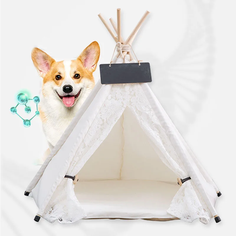 

Amazon Hot Sale Portable Lace Canvas Wood Cage For Cats Dogs Cute Cat Dog Beds Washable Pet Accesories With Mat, White