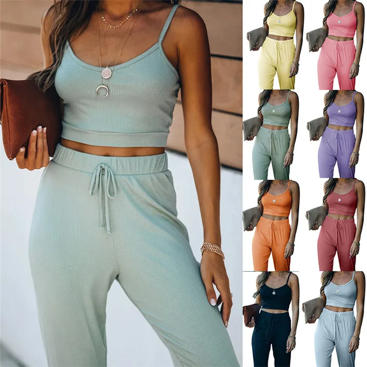 

D96544 2021 spring new arrivals latest design vest long pants casual solid color fashionable yoga two piece set women clothing