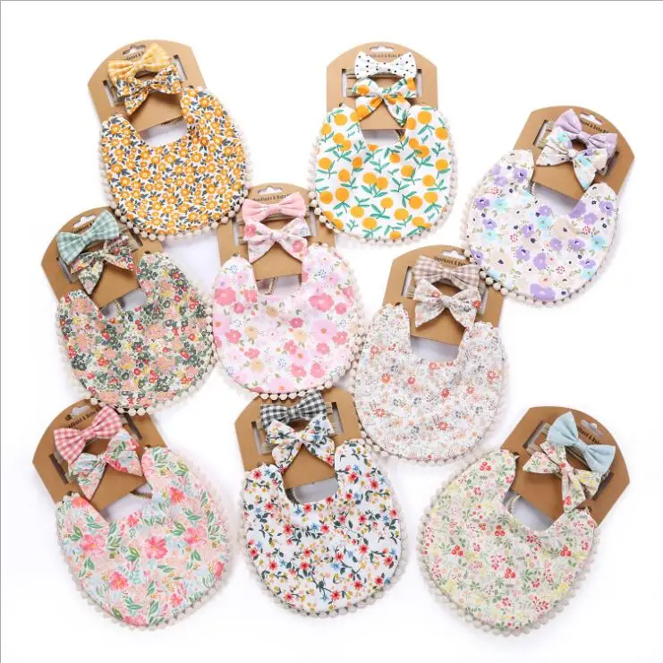 

Ins Baby Items Sets 2pcs Kids Hairbands Double Sides Floral printed linen cotton baby drool bibs for baby girl, Multi color