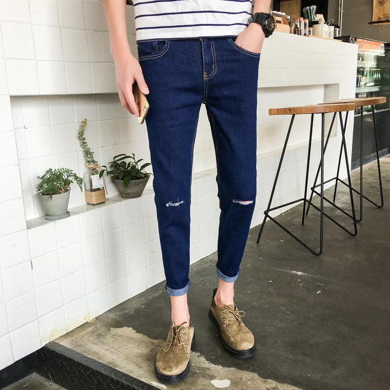 

Spring Autumn Men's jeans Ninth pants Youth slim Korean Hole jeans Men Skinny Pants