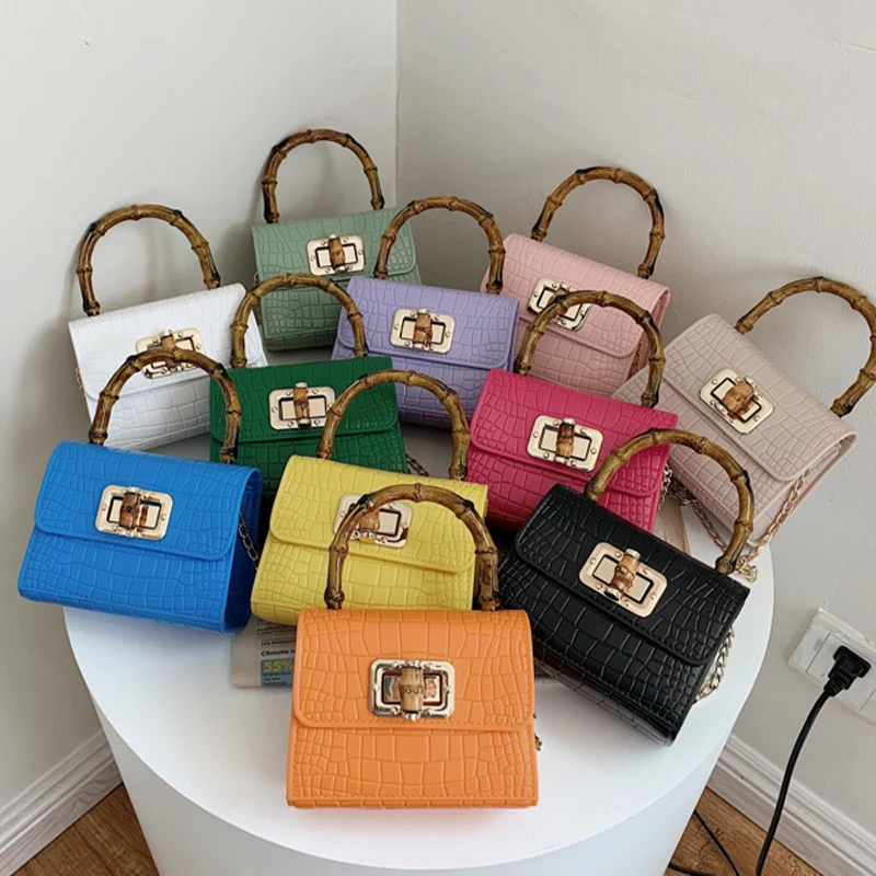 

bamboo joint bag handles small bags for women ladies phone golden chains pvc retro jelly bag, 10 colors