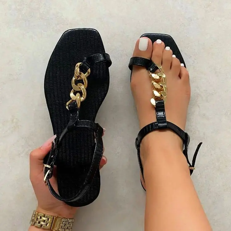 

Croc print metal chain decor clip toe women shoes summer fashion square toe thong sandals for lady ankle strap flip flops