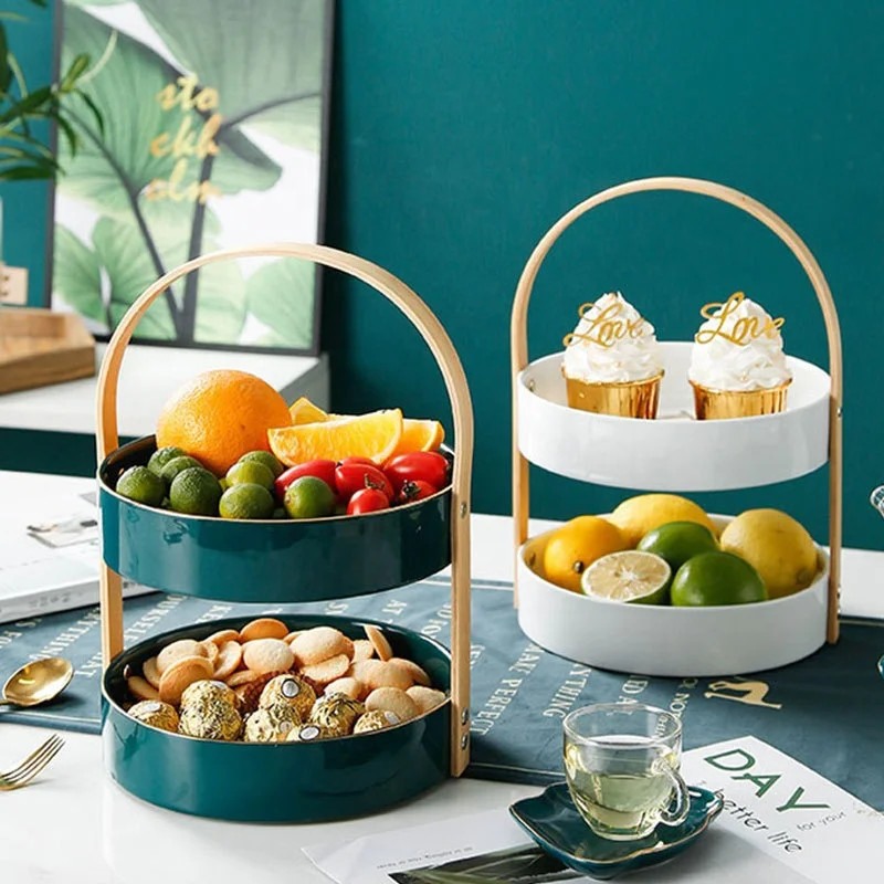 

Nordic Ins Green Two-layer Ceramic Dried Fruit Box Wooden Handle Afternoon Tea Dessert Candy Plate Cake Rack Storage Basket