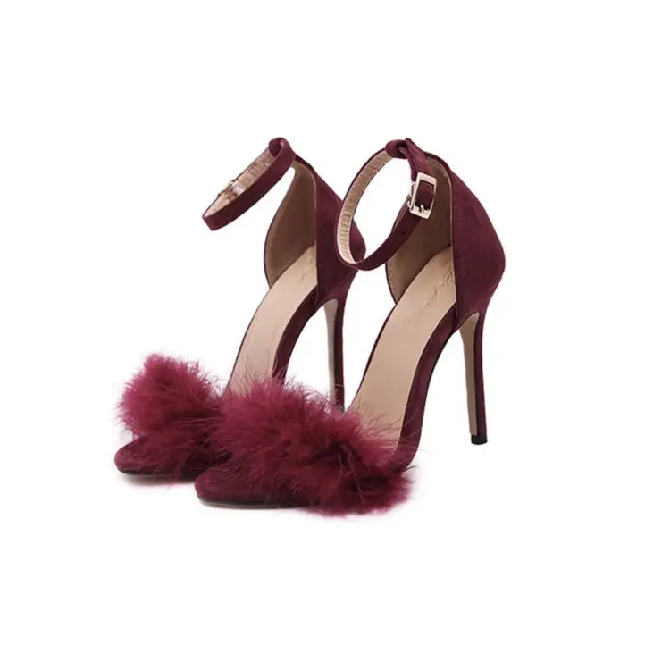 

Sexy ladies new crystal heels with open toe real fox fur shoes high heels women, Apricot, black, pink, burgundy