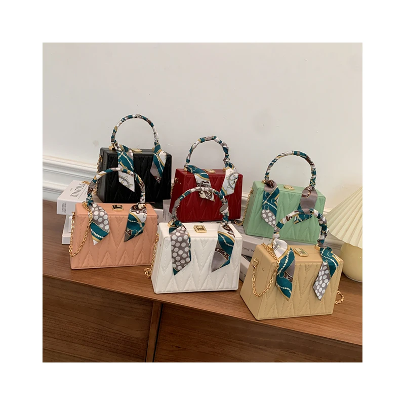 

Fashion Silk Scarf Top Handle Handbags Women New Box Bags Texture Chain Cosmetic Sac Diamond Lattice Square Bag For Girls Bolsa