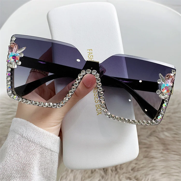 

Rhinestone Shades Square Rimless Bling Bling Sunglasses With Diamond Designer Ladies Luxury Custom Logo Fashion Women Sunglasses