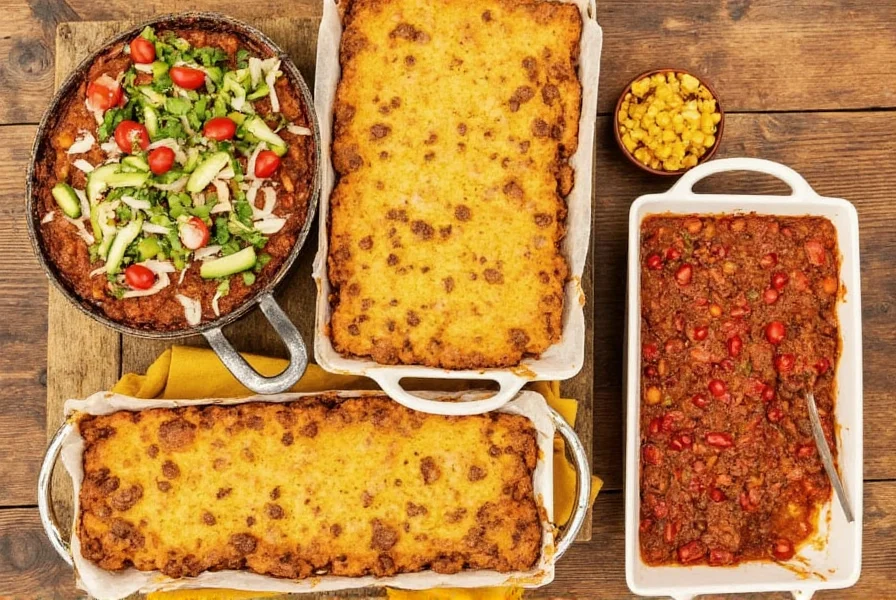 Variations of chili cornbread casserole including vegetarian, gluten-free, and spicy versions arranged on a wooden table