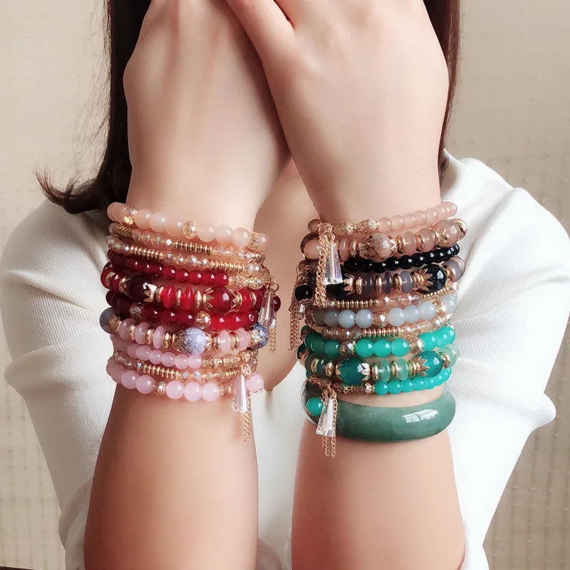 

Bohemian style multi layer beaded crystal charm bracelet Stretch rope  length bangle for girls women lover gift, As shown in picture