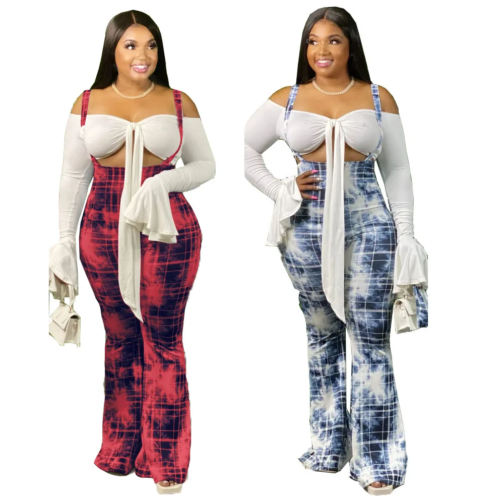 

Pantalon Women Fashion Printed Suspender Overalls Trouser Pants Casual Street Wear Plus Size Flare Pants Women